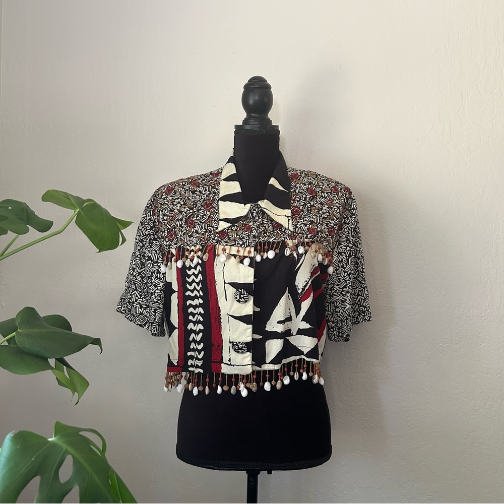 Vintage 80s Beaded Shell Fringe Crop Top
